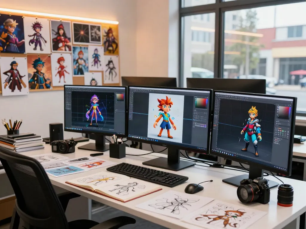 Engaging character AI nsfw design studio showcasing vibrant monitors and creative environment.