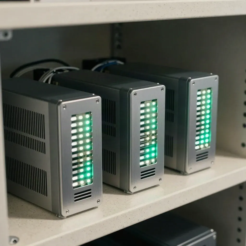 Trois nœuds VPS modulaires avec voyants synchronisés dans une salle serveur claire.