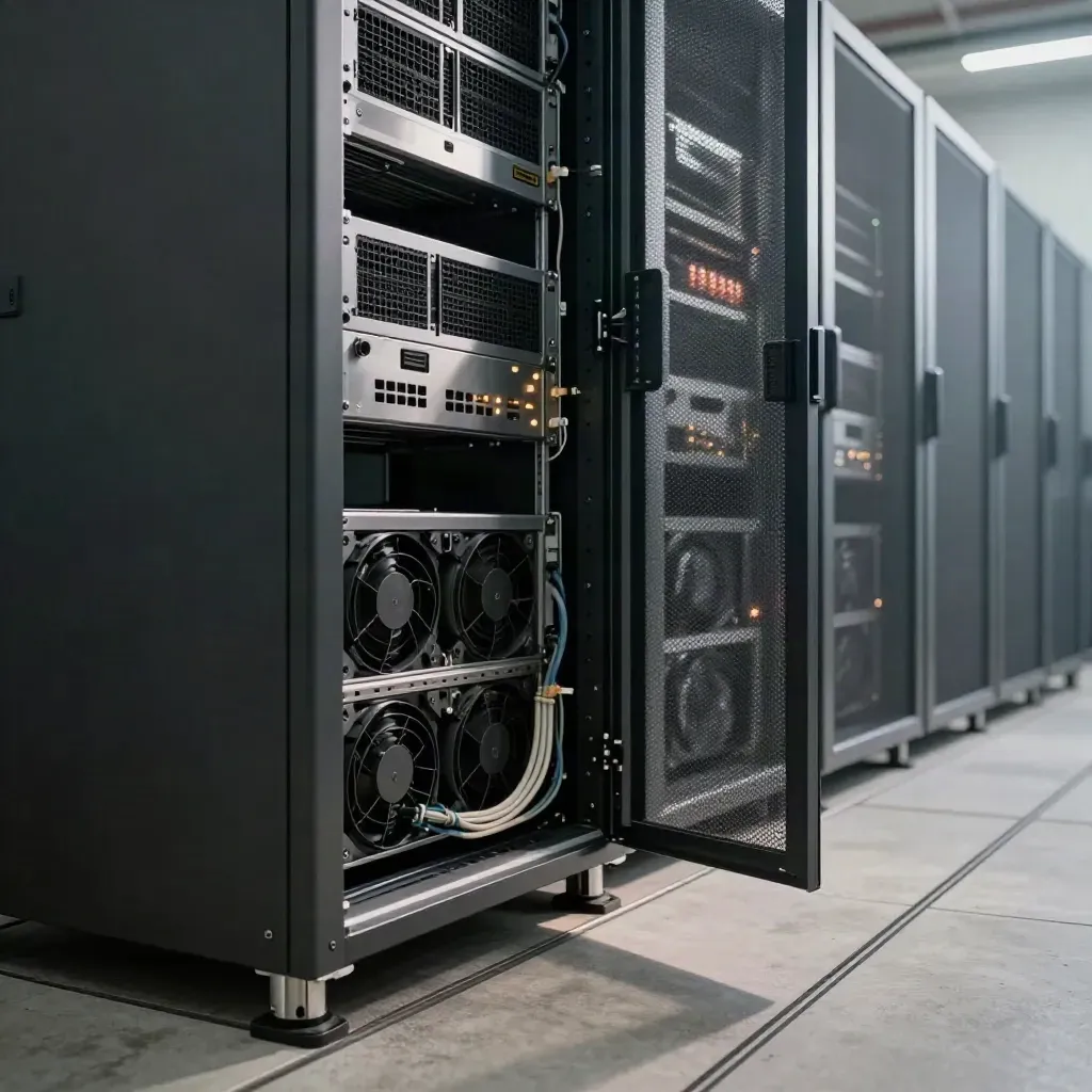 Serveur dédié ouvert dans une baie, ambiance de datacenter, lumière chaude sur métal froid.