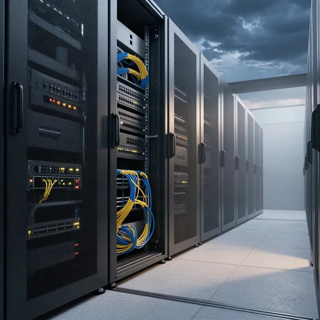 Couloir de serveurs dans un data center, lumières réseau et brume après l’orage.