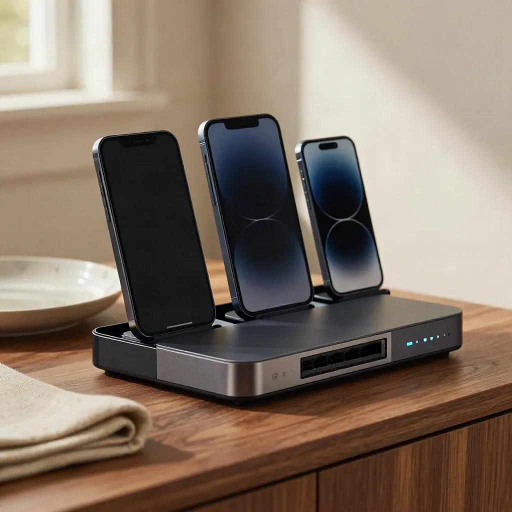Station de synchronisation avec trois téléphones, hub réseau et boîtier mail sur bois clair.