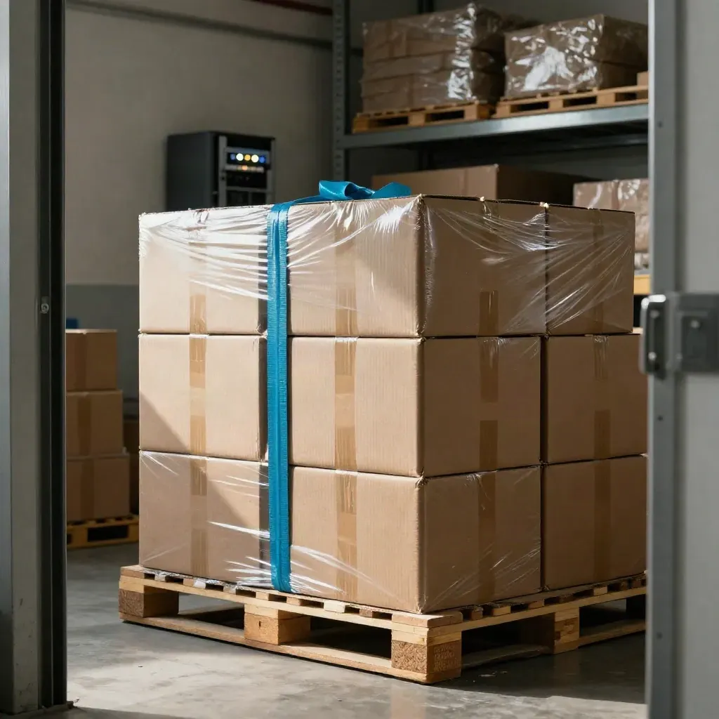 Réserve e-commerce rangée avec cartons scellés sur palette et rack discret au fond.