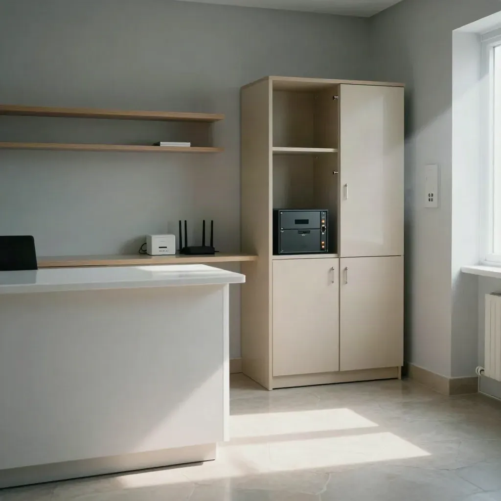 Accueil de cabinet médical immaculé avec routeur discret et sauvegarde terminée au matin