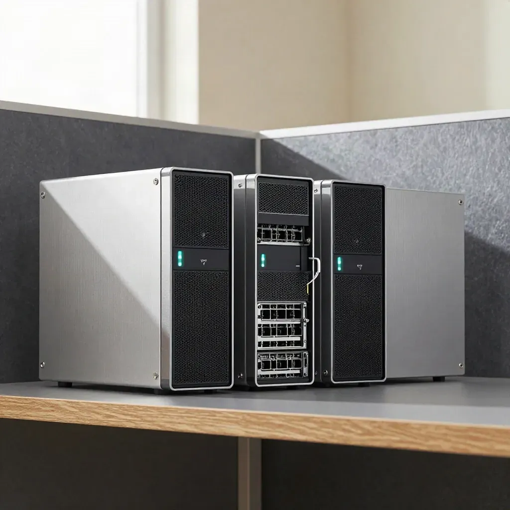 Trois serveurs compacts et un cluster de stockage en laboratoire technique, lumière douce et froide.