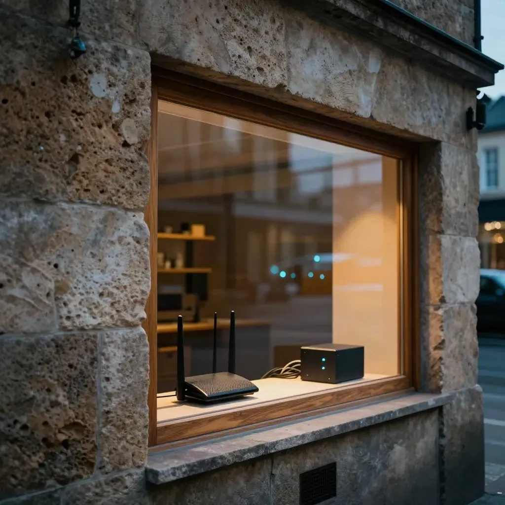 Façade d’atelier en pierre et bois au crépuscule, vitrine éclairée et matériel réseau visible.