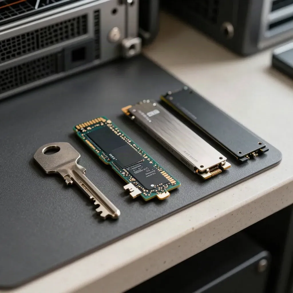 Clé de baie, SSD NVMe et module SFP sur tapis antistatique, gros plan précis.