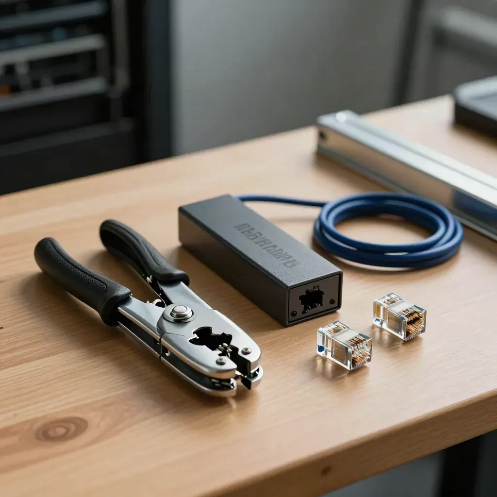 Pince RJ45, adaptateur KVM et connecteurs réseau prêts avant une intervention de baie