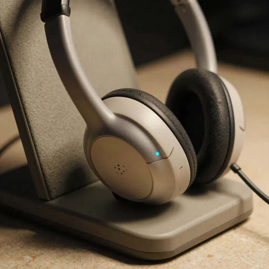 Casque pro sur support, combiné téléphonique et voyant cyan sur plan de travail
