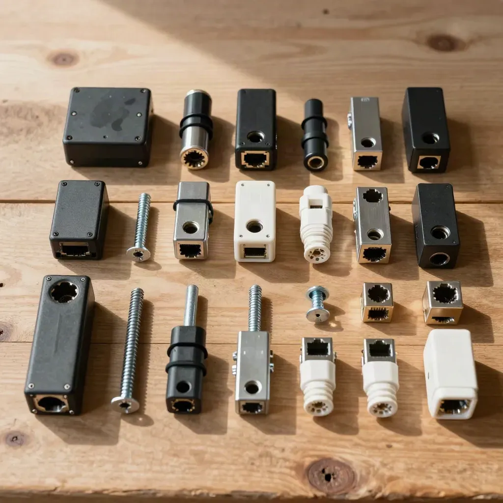 Vue du dessus de modules d’alimentation, colliers noirs, vis et connecteurs réseau sur établi terracotta.