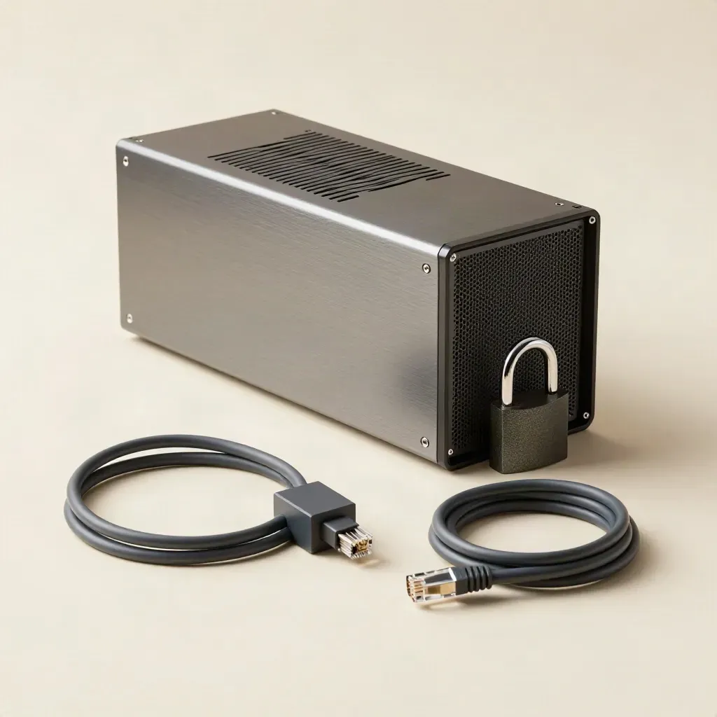Boîtier serveur, cadenas réseau, module de protection et câble Ethernet sur fond clair.