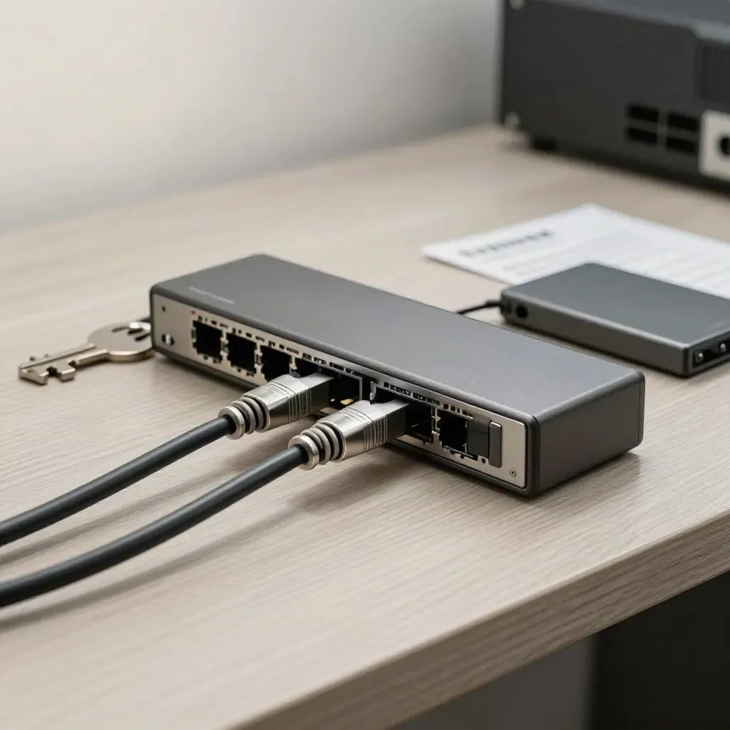Switch réseau, câbles terminés et SSD externe sur bois clair, lumière douce.