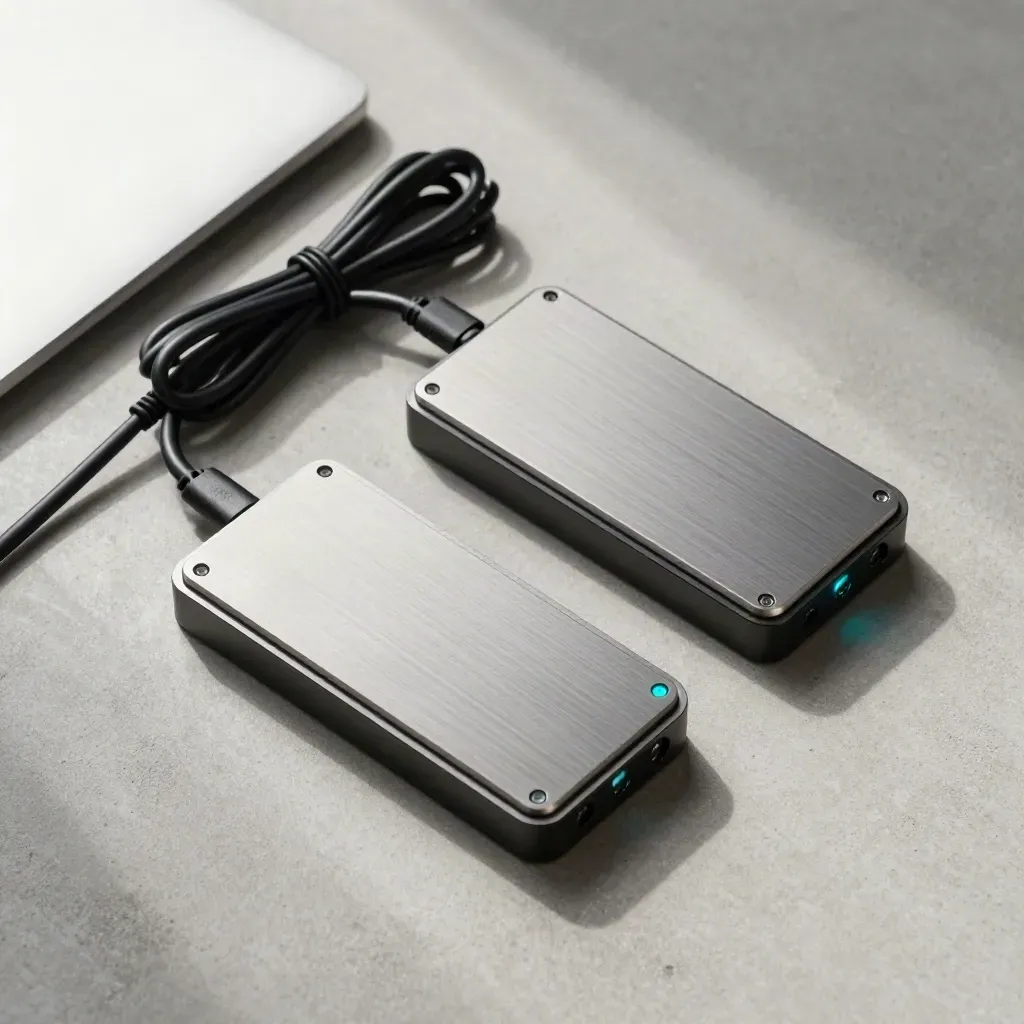 Deux SSD en station de clonage, câble relié, LED cyan et ambiance technique.