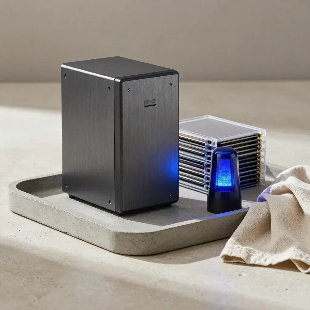Onduleur compact, disques de sauvegarde scellés et voyant stable sur plateau de pierre.