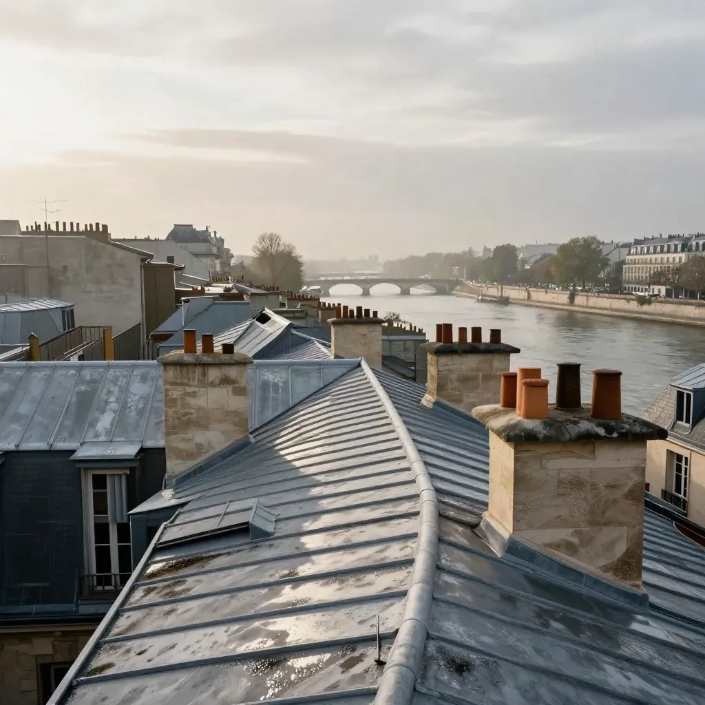 Toits de zinc parisiens et Seine lointaine sous une lumière claire après la pluie.