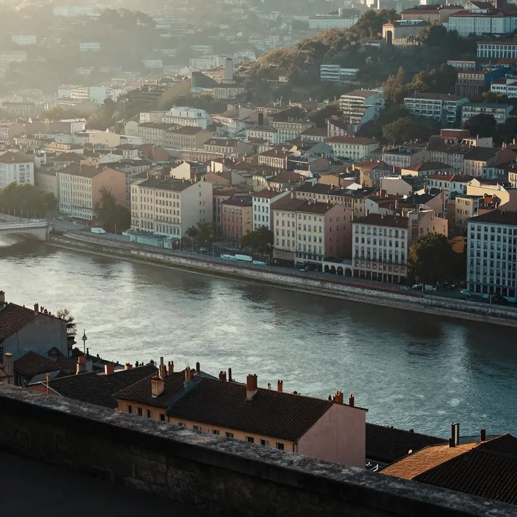 Vue de Lyon au lever doré, confluence Rhône-Saône, toits et brume douce