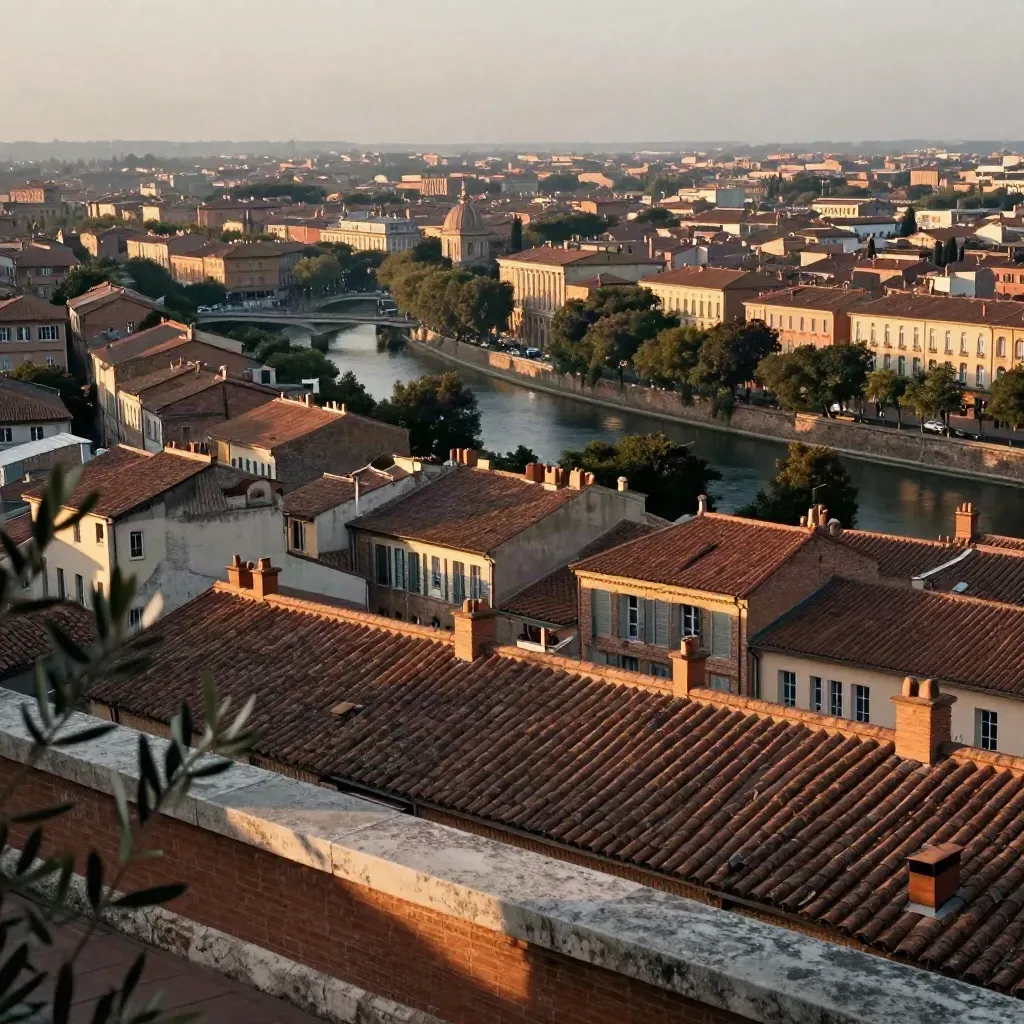 Vue de Toulouse avec toits de brique rose et canal bordé d’arbres sous une lumière dorée