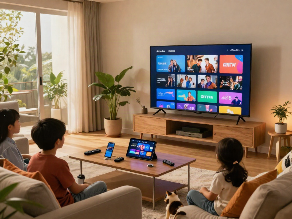 Une famille utilisant l'application Atlas Pro pour regarder des chaînes en direct dans leur salon moderne.