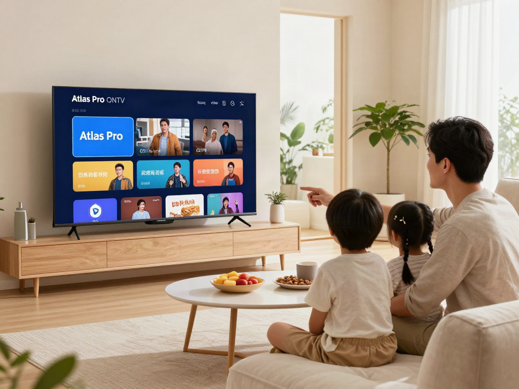 Vue familiale utilisant l'application Atlas Pro ONTV sur une télévision intelligente dans un salon moderne.