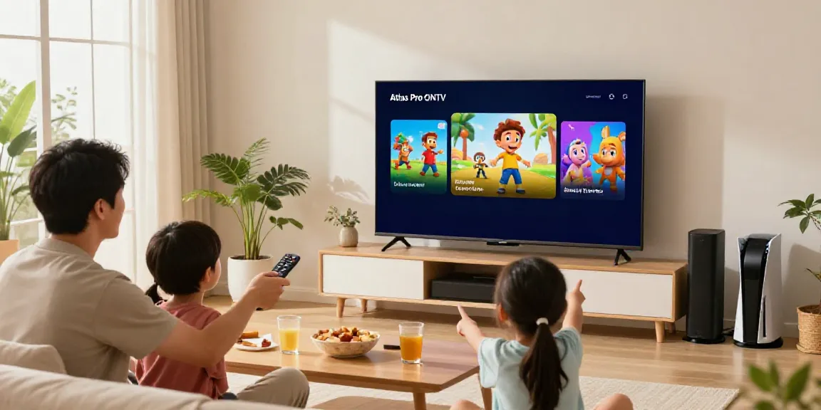 Une famille profitant d'Atlas Pro ONTV dans un salon moderne, regardant des chaînes en direct avec des lumières vives.
